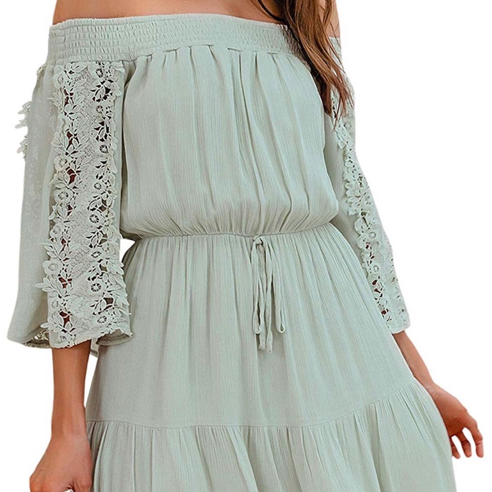 Off Shoulder Flare Lace Sleeve Mini Dress